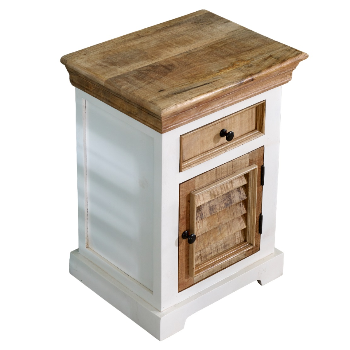 White and natural wood mango wood bedside cabinet with rustic top single drawer and slatted door panel