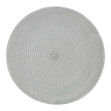 Gray alice round silver woven placemat with round silver thread texture and concentric ring pattern