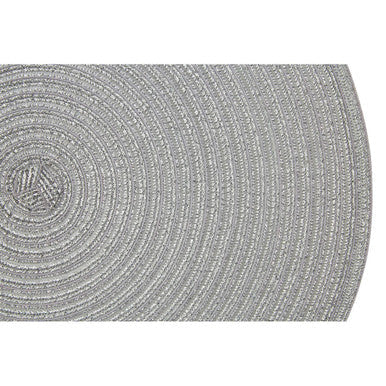 Gray woven placemat with concentric circles featuring alice round silver thread woven design for dining use