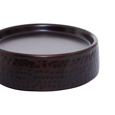 Allegra bronze finish soap dish with dark brown hammered metal exterior and smooth reflective interior surface