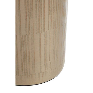 Beige allegra champagne finish bathroom jar with vertical textured grooves and a sleek cylindrical design