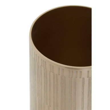 A beige cylindrical allegra champagne finish bathroom jar with a textured ribbed exterior and smooth brown interior