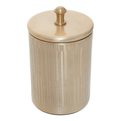 Allegra champagne finish bathroom jar gold-toned cylindrical canister with ribbed texture and knob-top lid