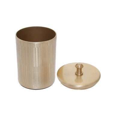 Gold-toned allegra champagne finish cylindrical bathroom jar with matching lid and small knob for storage use