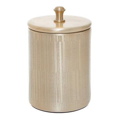 A sleek gold-toned allegra champagne finish bathroom jar with a cylindrical shape and subtle vertical ribbed texture
