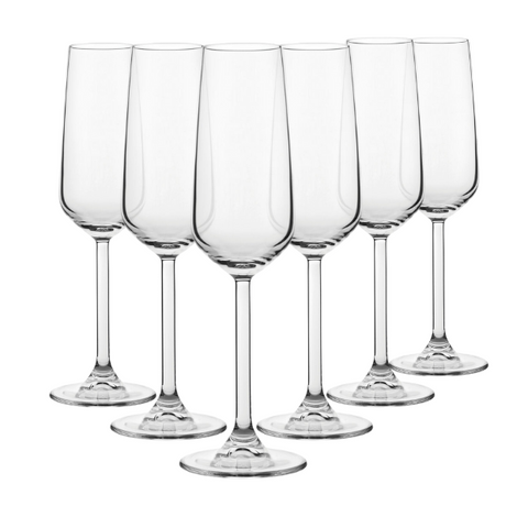Set of six clear crystal allegra champagne flutes with slender stems and elegant rounded bases for 200ml servings