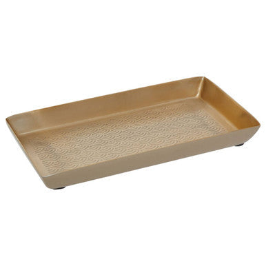 Gold-colored allegra etched metallic bathroom tray with hammered textured finish and rounded corners perfect for bathroom use