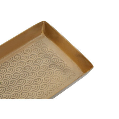 Golden brass allegra etched metallic bathroom tray with subtle scalloped wave pattern embossed on surface