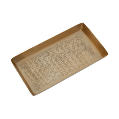 Rectangular brass allegra etched metallic bathroom tray with subtle wave embossed pattern perfect for bathroom use