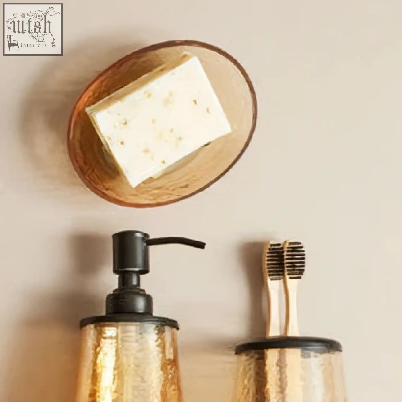 Allegra glass soap dish featuring a gold-toned textured glass toothbrush holder with black accents