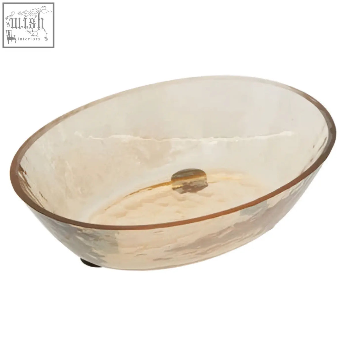 A translucent amber allegra glass soap dish with a textured hammered finish and smooth rim for stylish soap storage