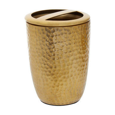 Gold-colored hammered effect toothbrush holder with matching lid made of metal for bathroom use