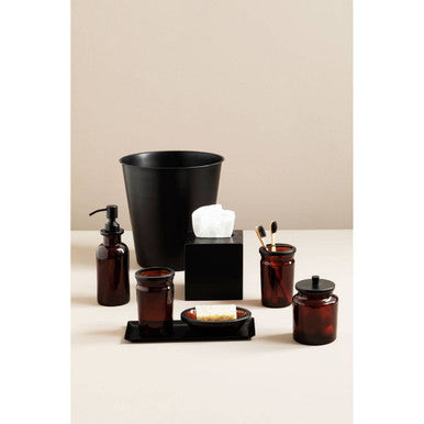 Set of allegra kiara tissue box accessories in dark amber glass with black metal accents for stylish bathroom use