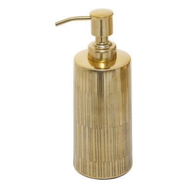 Allegra metallic gold soap dispenser with vertical ridges and matching pump top in a gold soap dispenser design
