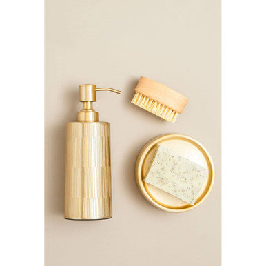 Allegra metallic gold soap dispenser with gold finish and sleek brushed metal pump for stylish bathroom use