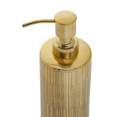 Allegra metallic gold soap dispenser with a textured ribbed body and sleek curved pump for stylish bathroom use
