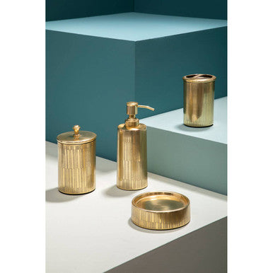 Allegra metallic gold soap dispenser with sleek vertical ribbed texture and modern gold soap dispenser design