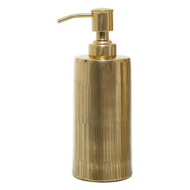 Allegra metallic gold soap dispenser in gold with a vertical ribbed texture and matching pump mechanism