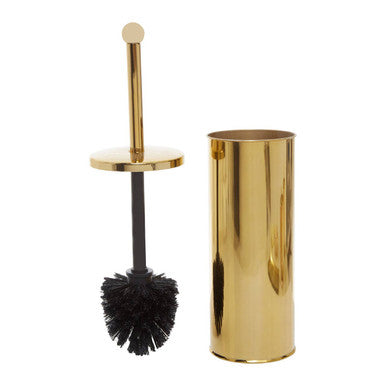 Allegra stainless steel toilet brush with gold detail featuring black bristles and matching gold cylindrical holder