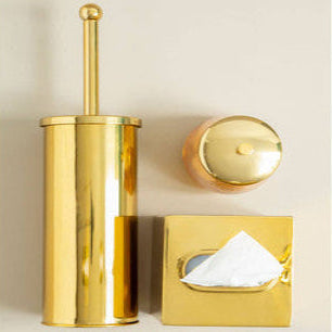 Allegra stainless steel gold toilet brush holder with matching lid and tissue box set for stylish bathroom use