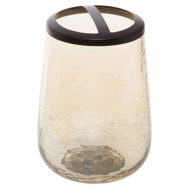 Allegra textured glass toothbrush holder with translucent amber hammered finish and sleek black rim with x-shaped cutout