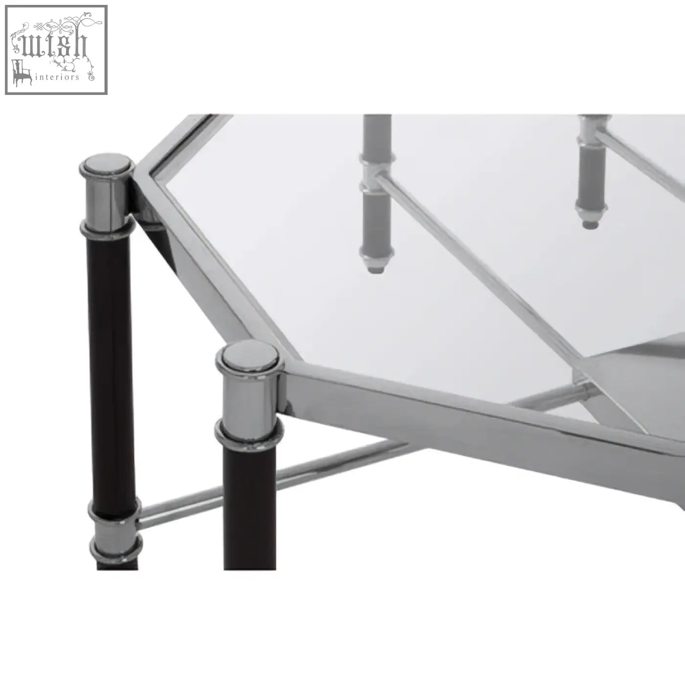 Allessi silver metal coffee table with black legs featuring a chrome hexagonal frame and clear glass top