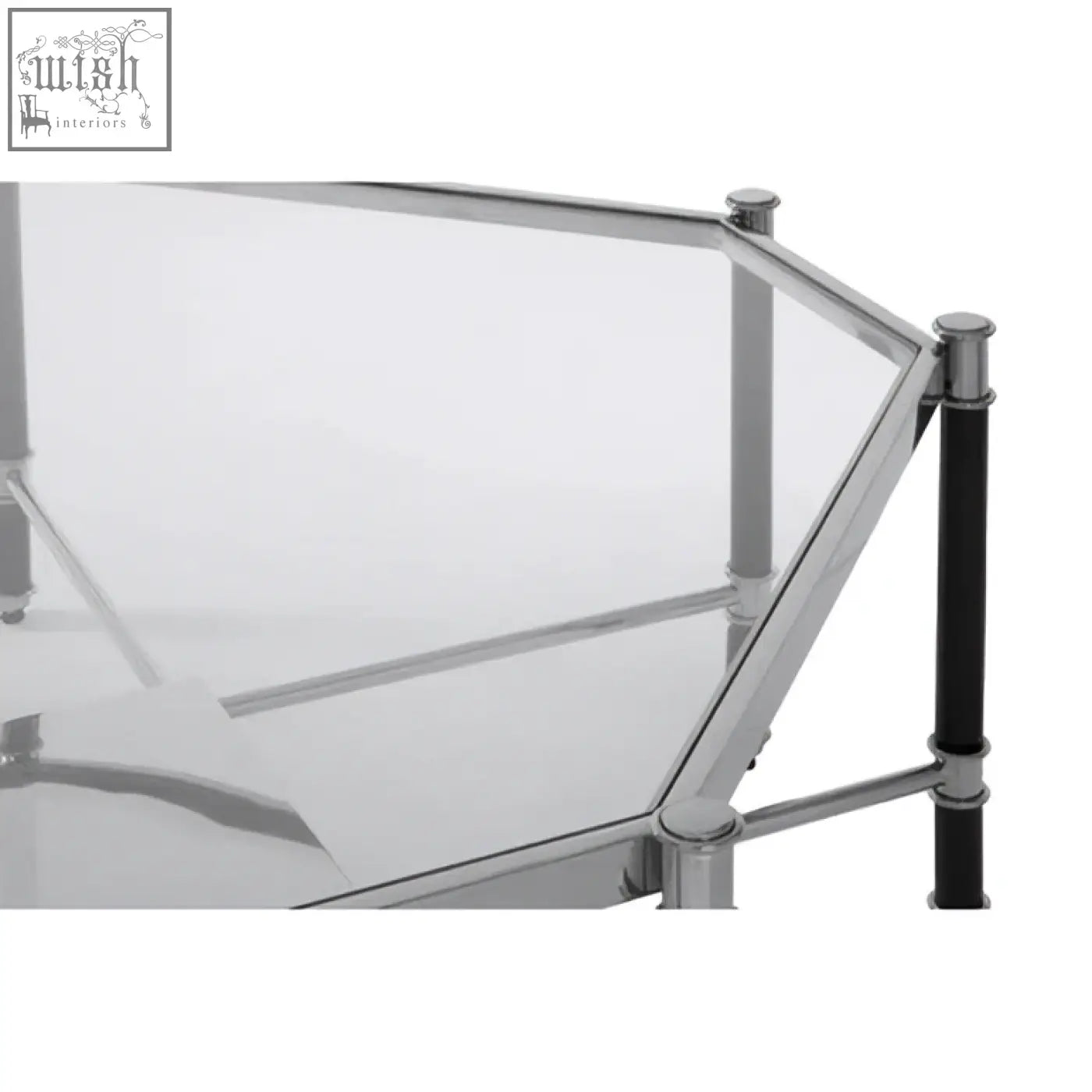 Allessi silver metal coffee table with glass top and black legs featuring slender chrome supports with black accents