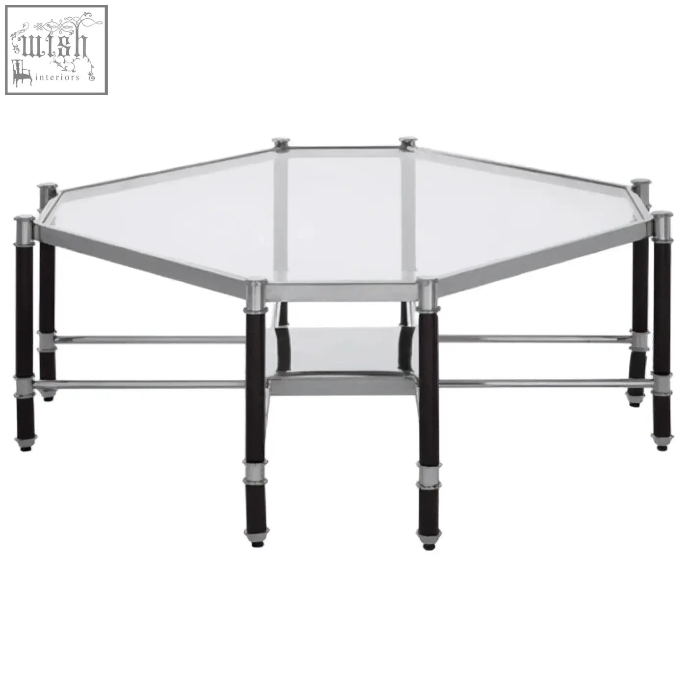Allessi silver metal coffee table with black legs featuring hexagonal glass top and sleek chrome frame