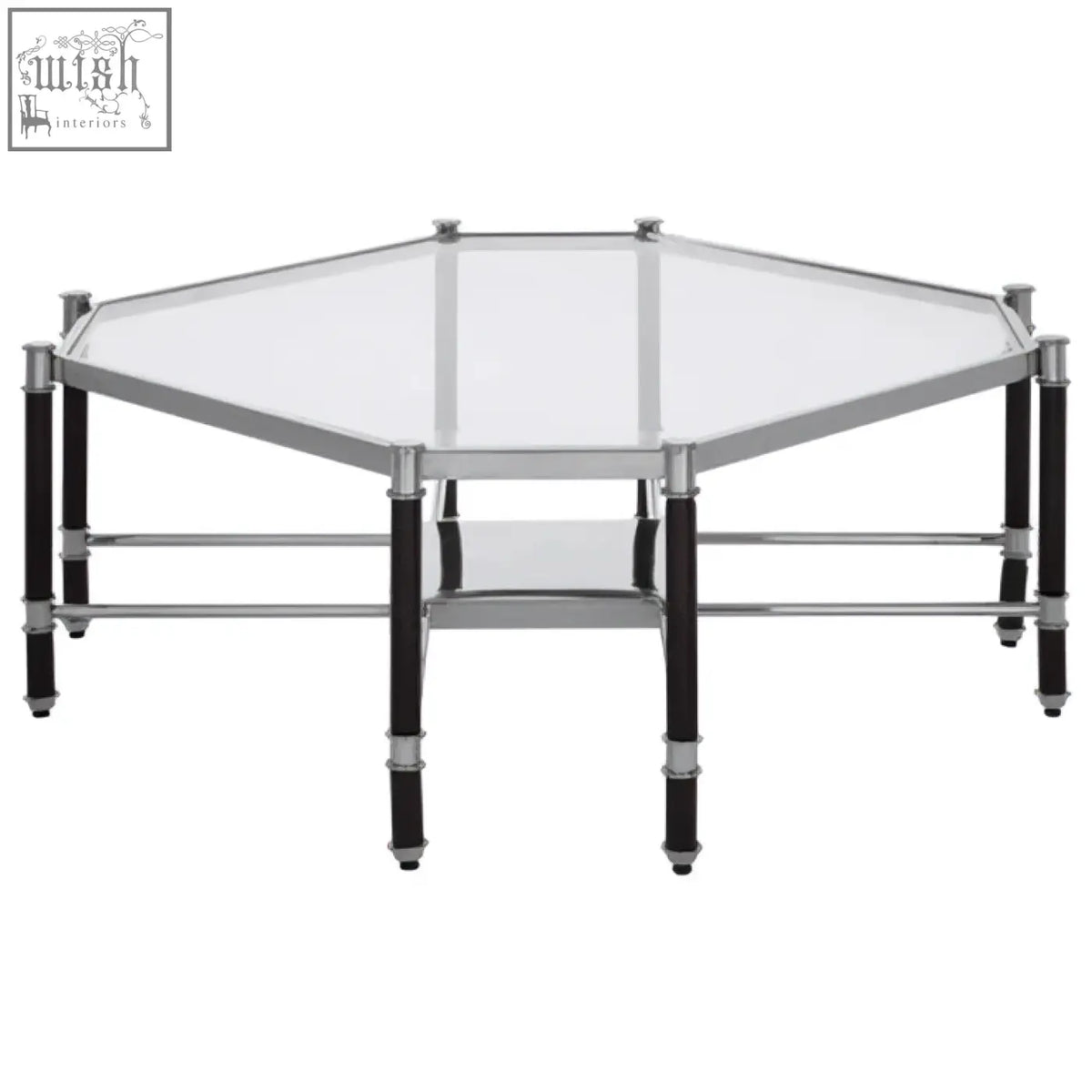 Allessi silver metal coffee table with black legs featuring hexagonal glass top and sleek chrome frame