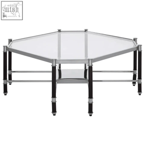 Allessi silver metal coffee table with black legs featuring hexagonal glass top and sleek chrome frame
