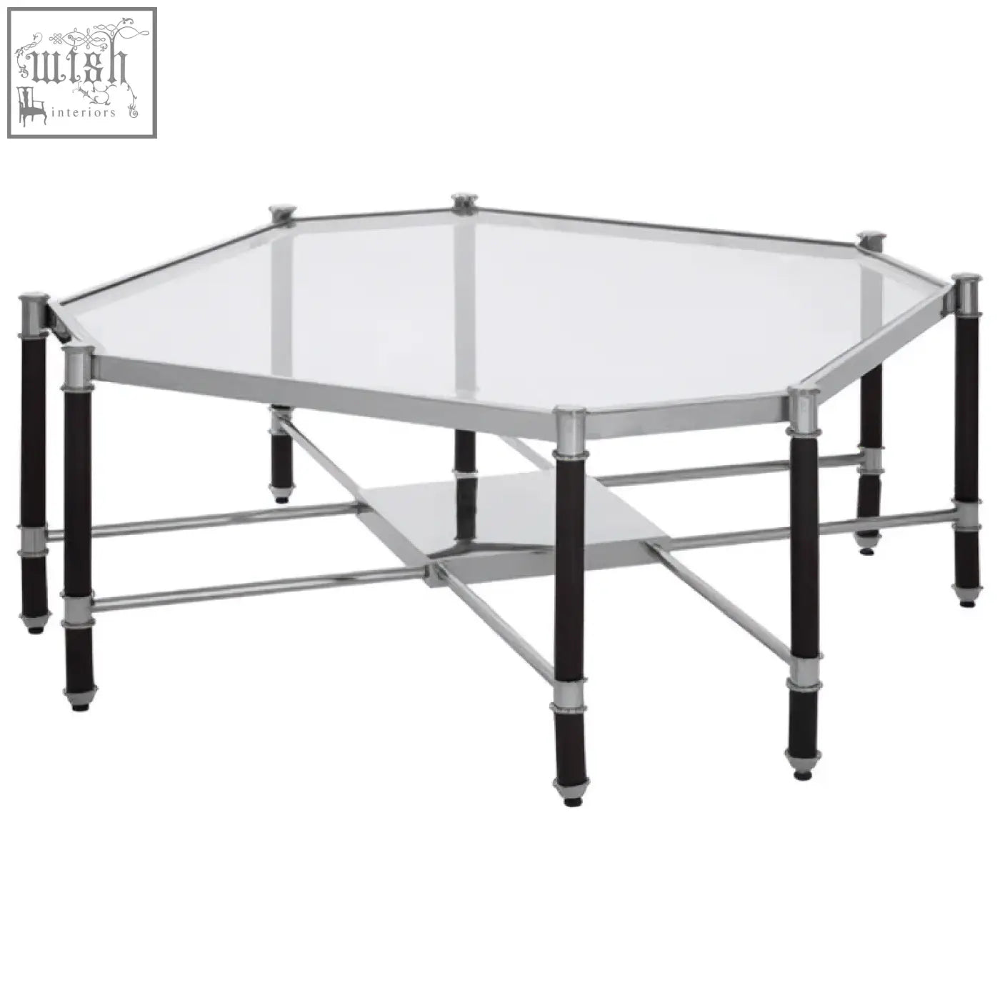 Octagonal allessi coffee table with clear glass top silver metal frame and black legs for modern living rooms