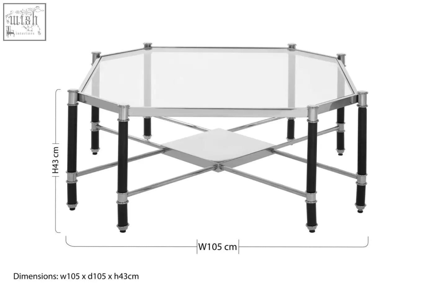 Allessi silver metal coffee table with black legs octagonal shape clear glass top and chrome frame