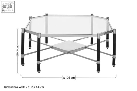 Allessi silver metal coffee table with black legs octagonal shape clear glass top and chrome frame