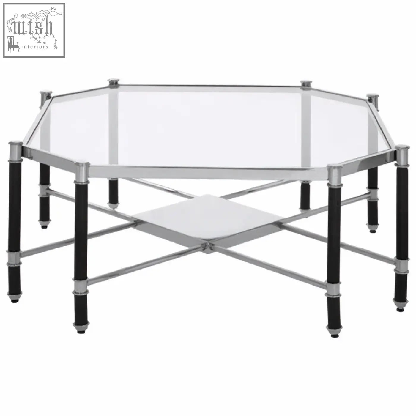 Allessi silver metal coffee table with black legs features an octagonal glass top and a lower shelf for storage