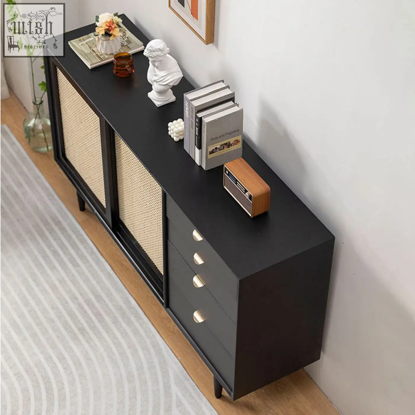 Black allson rattan sideboard with cane panel doors pine wood frame and sleek metal handles for stylish storage