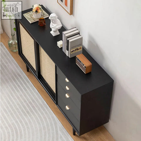 Black allson rattan sideboard with cane panel doors pine wood frame and sleek metal handles for stylish storage