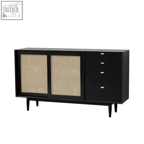 Black allson rattan sideboard with pine wood frame two cane-paneled sliding doors and four drawers with silver handles