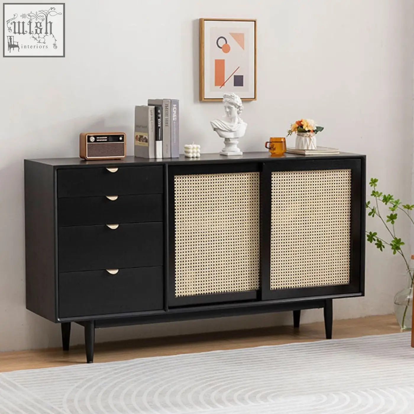 Black allson rattan sideboard with cane panel doors brass handles and pine wood frame in mid-century modern style