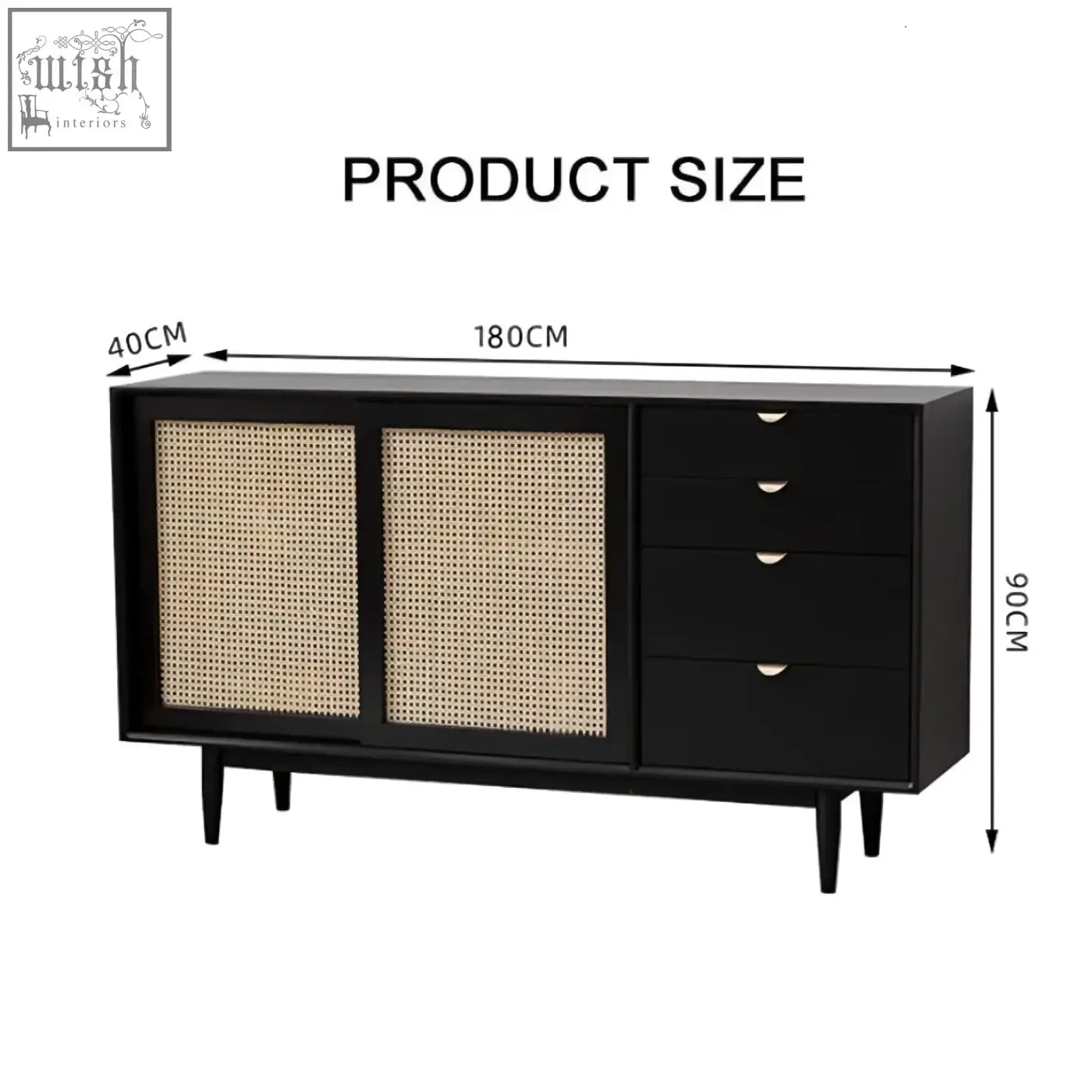 Black allson rattan sideboard in pine wood with two cane-paneled sliding doors and four drawers with silver handles