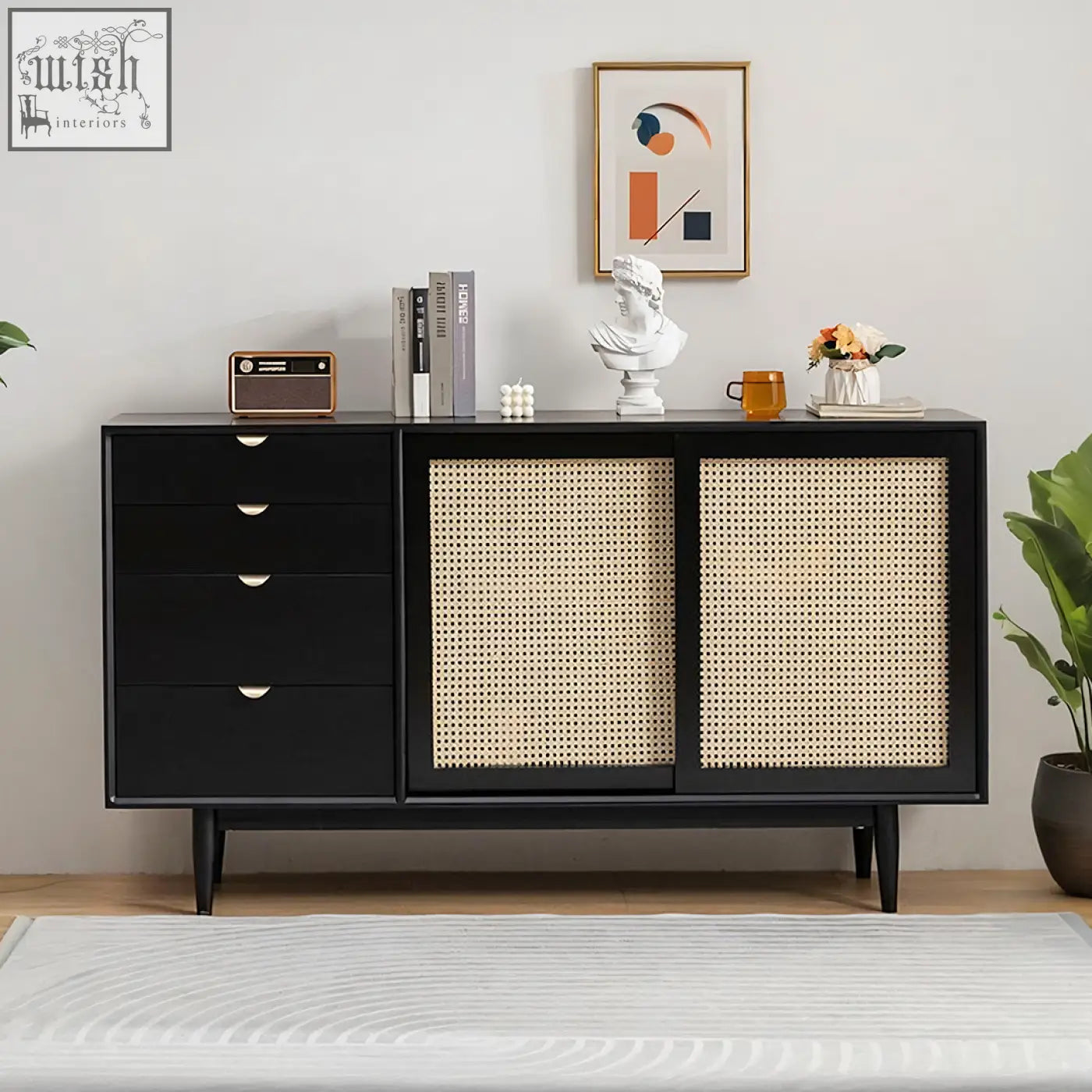 Black allson rattan sideboard with woven cane doors pine wood frame and sleek metal handles for stylish storage