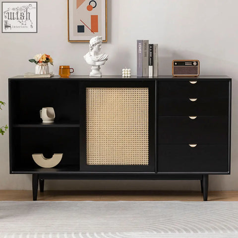 Black allson rattan sideboard with pine wood, central cane panel, sleek tapered legs, and 4 drawers