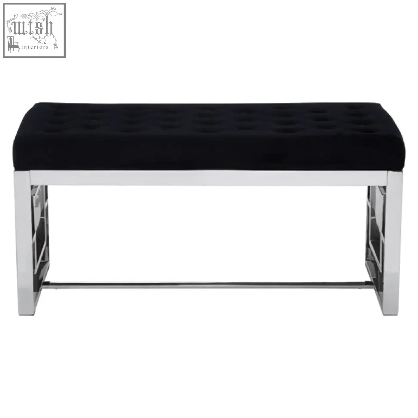 Allure black tufted bench with tufted velvet seat and chrome metal legs perfect for stylish seating options