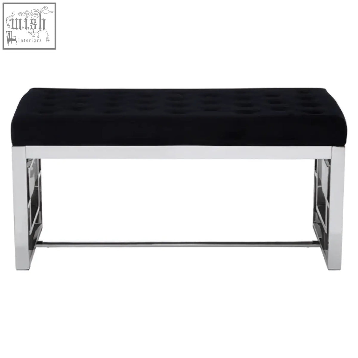 Allure black tufted bench with tufted velvet seat and chrome metal legs perfect for stylish seating options