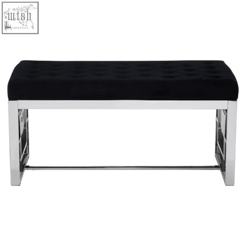 Allure black tufted bench with tufted velvet seat and chrome metal legs perfect for stylish seating options