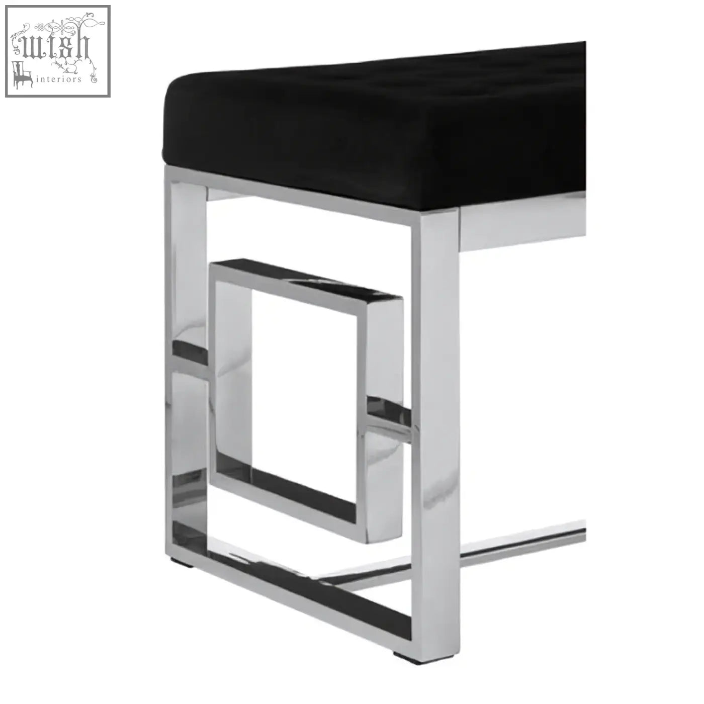 Allure black tufted bench with plush velvet and sleek chrome metal frame for stylish seating options
