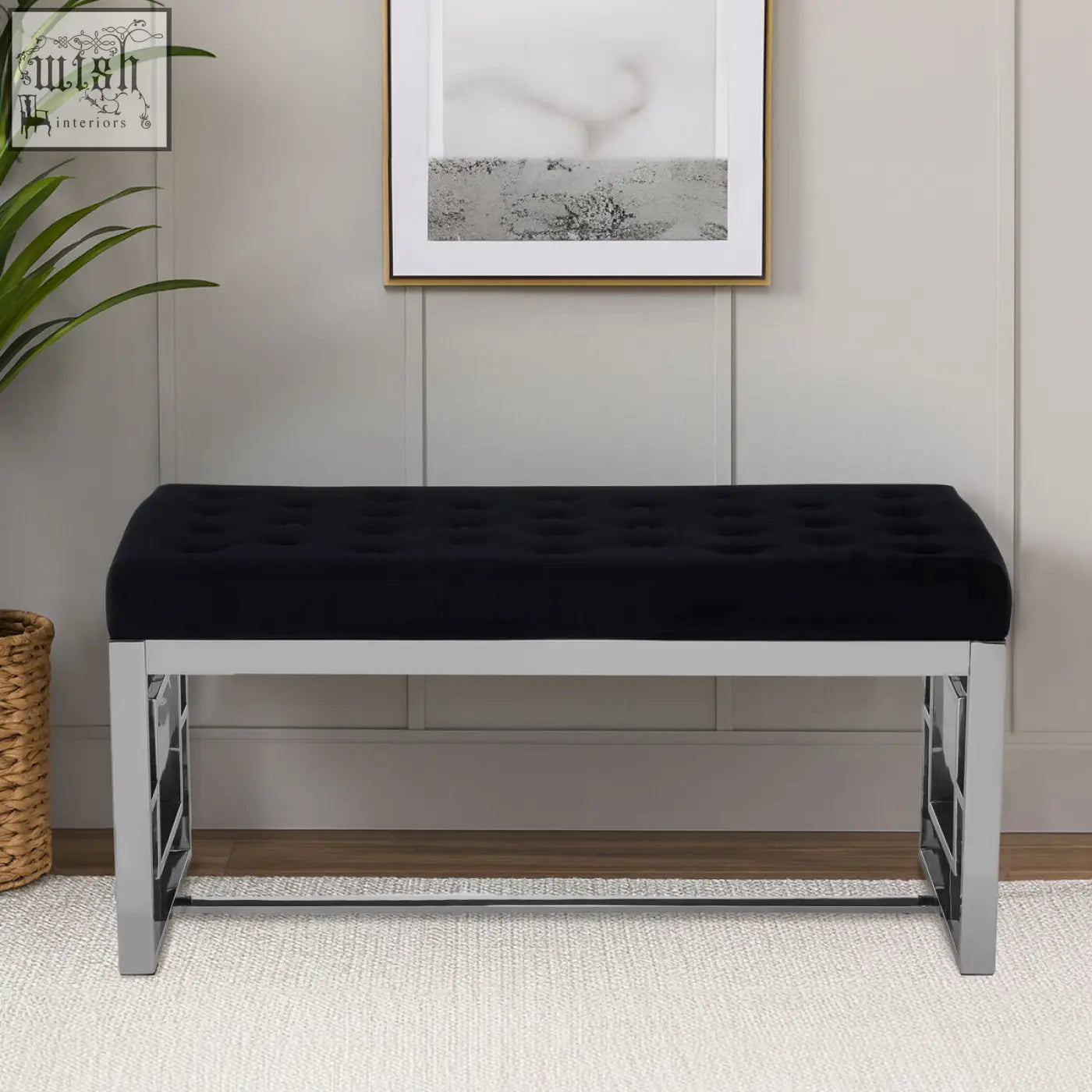 Allure black tufted bench with black velvet tufted seat and sleek chrome metal frame perfect for stylish seating