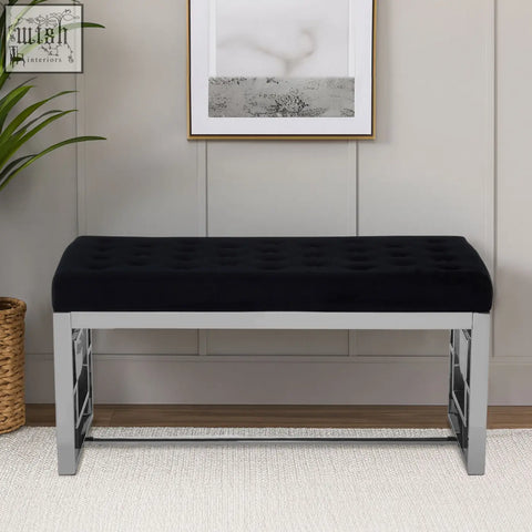 Allure black tufted bench with black velvet tufted seat and sleek chrome metal frame perfect for stylish seating