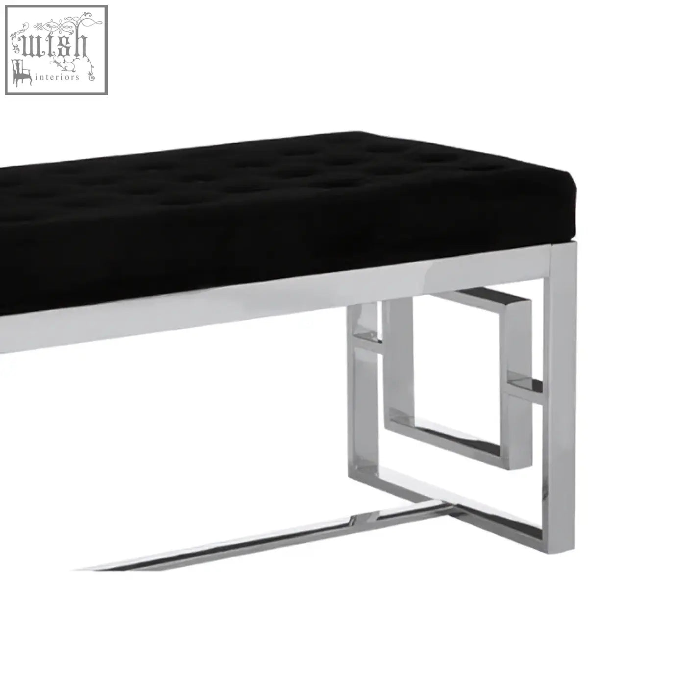 Allure black tufted bench with plush black velvet upholstery and sleek geometric chrome metal frame