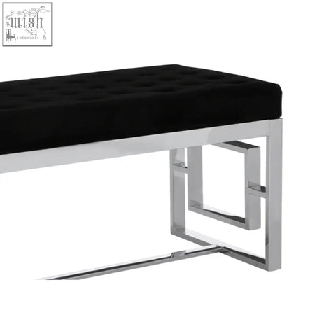 Allure black tufted bench with plush black velvet upholstery and sleek geometric chrome metal frame