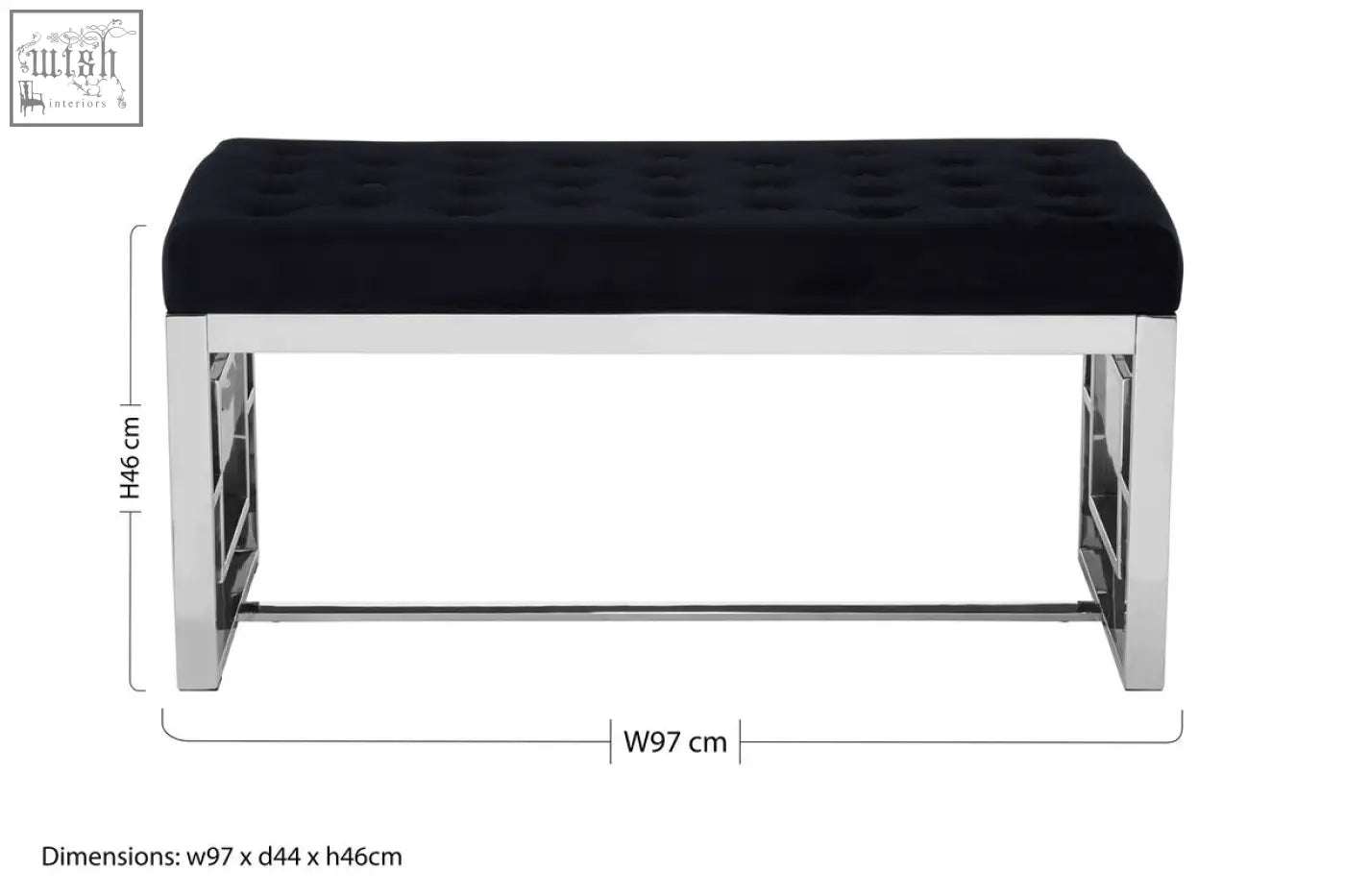 Allure black tufted bench with soft black velvet upholstery and sleek chrome metal frame for modern seating